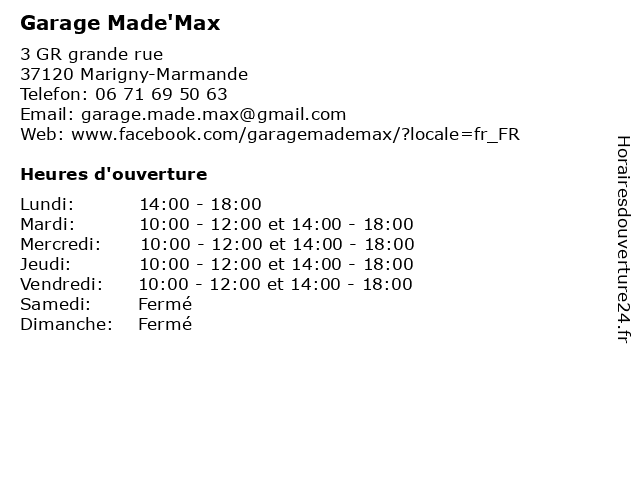 Garage Made'Max à Marigny-Marmande: adresse et heures d'ouverture