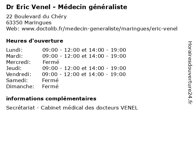 Dr Eric Venel - Médecin généraliste à Maringues: adresse et heures d'ouverture