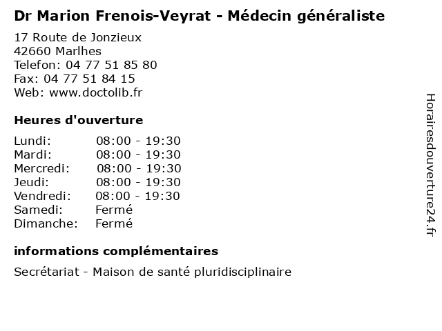 Dr Marion Frenois-Veyrat - Médecin généraliste à Marlhes: adresse et heures d'ouverture