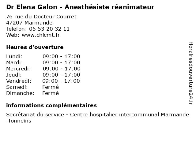 Dr Elena Galon - Anesthésiste réanimateur à Marmande: adresse et heures d'ouverture