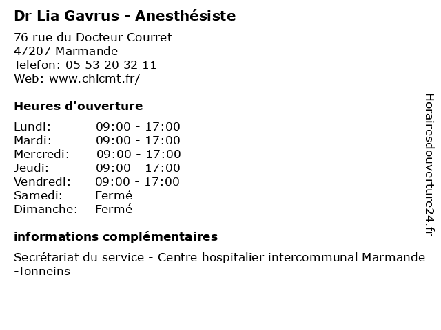 Dr Lia Gavrus - Anesthésiste à Marmande: adresse et heures d'ouverture