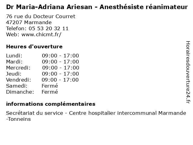 Dr Maria-Adriana Ariesan - Anesthésiste réanimateur à Marmande: adresse et heures d'ouverture