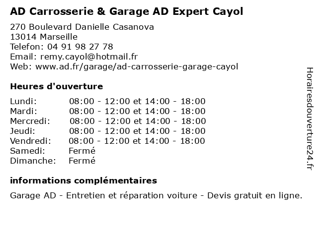 AD Carrosserie & Garage AD Expert Cayol à Marseille: adresse et heures d'ouverture