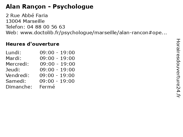 Alan Rançon - Psychologue à Marseille: adresse et heures d'ouverture