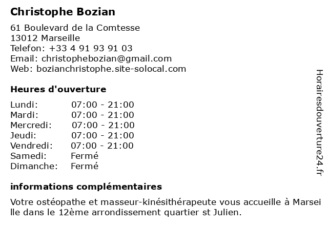 Christophe Bozian - Ostéopathe - secrétariat à Marseille: adresse et heures d'ouverture