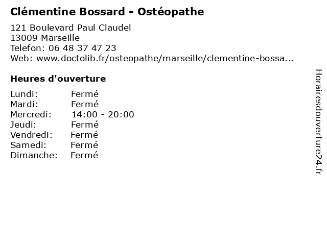 Clémentine Bossard - Ostéopathe à Marseille: adresse et heures d'ouverture