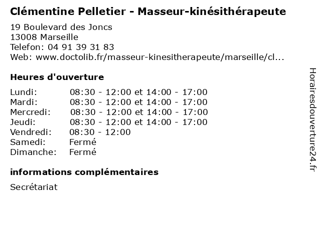 Clémentine Pelletier - Masseur-kinésithérapeute à Marseille: adresse et heures d'ouverture
