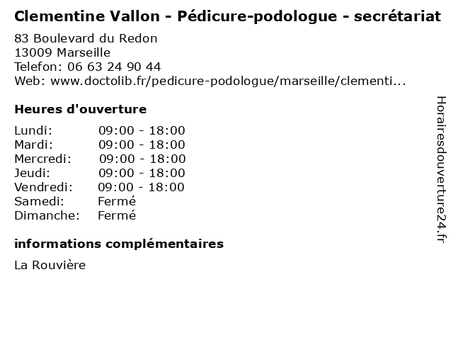 Clementine Vallon - Pédicure-podologue - secrétariat à Marseille: adresse et heures d'ouverture