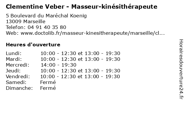 Clementine Veber - Masseur-kinésithérapeute à Marseille: adresse et heures d'ouverture