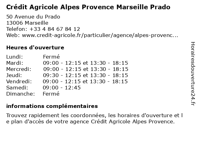 Crédit Agricole Alpes Provence Marseille Prado à Marseille: adresse et heures d'ouverture