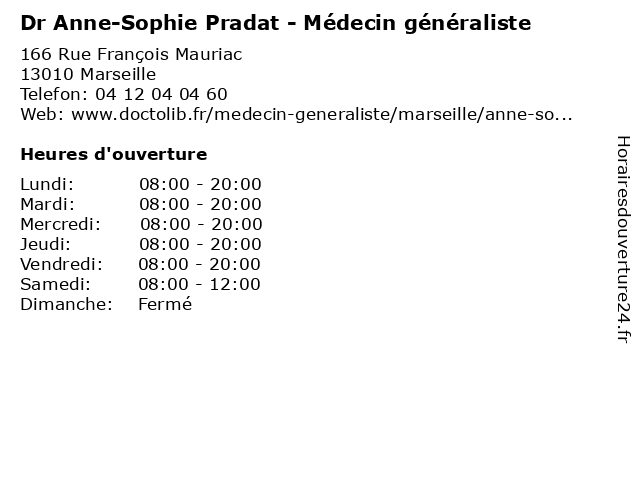 Dr Anne-Sophie Pradat - Médecin généraliste à Marseille: adresse et heures d'ouverture