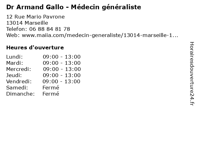Dr Armand Gallo - Médecin généraliste à Marseille: adresse et heures d'ouverture