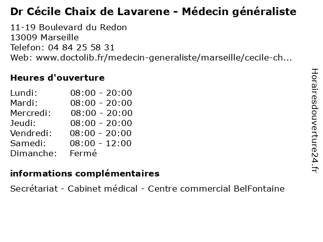 Dr Cécile Chaix de Lavarene - Médecin généraliste à Marseille: adresse et heures d'ouverture