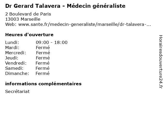 Dr Gerard Talavera - Médecin généraliste à Marseille: adresse et heures d'ouverture