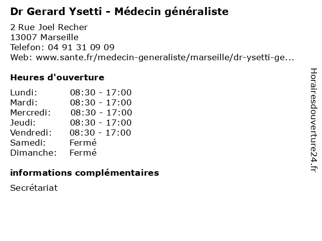 Dr Gerard Ysetti - Médecin généraliste à Marseille: adresse et heures d'ouverture
