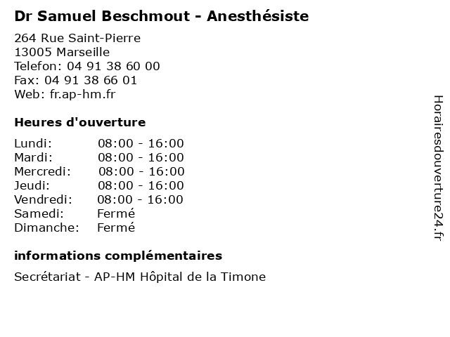 Dr Samuel Beschmout - Anesthésiste à Marseille: adresse et heures d'ouverture