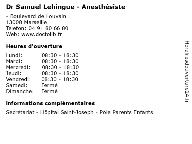 Dr Samuel Lehingue - Anesthésiste à Marseille: adresse et heures d'ouverture