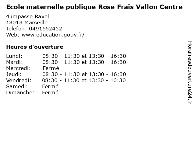 Ecole maternelle publique Rose Frais Vallon Centre à Marseille: adresse et heures d'ouverture