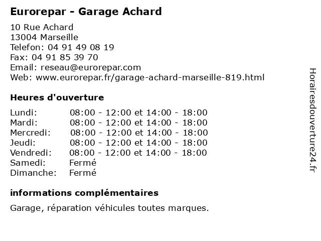 Eurorepar - Garage Achard à Marseille: adresse et heures d'ouverture