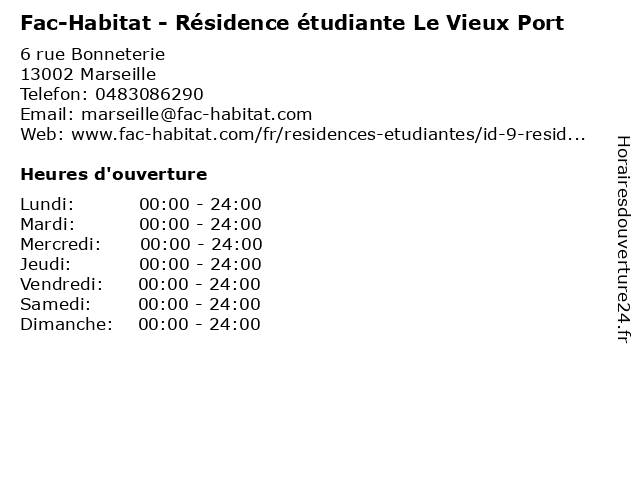 Fac-Habitat - Résidence étudiante Le Vieux Port à Marseille: adresse et heures d'ouverture
