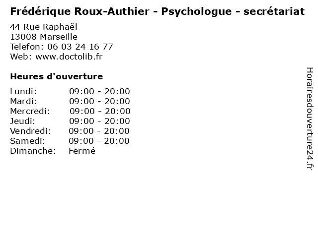 Frédérique Roux-Authier - Psychologue - secrétariat à Marseille: adresse et heures d'ouverture
