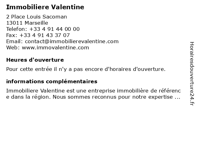 Immobiliere Valentine à Marseille: adresse et heures d'ouverture