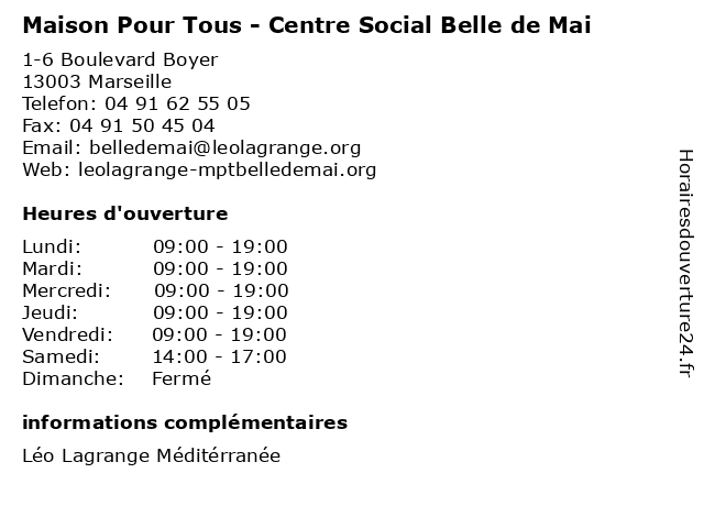 Maison Pour Tous - Centre Social Belle de Mai à Marseille: adresse et heures d'ouverture