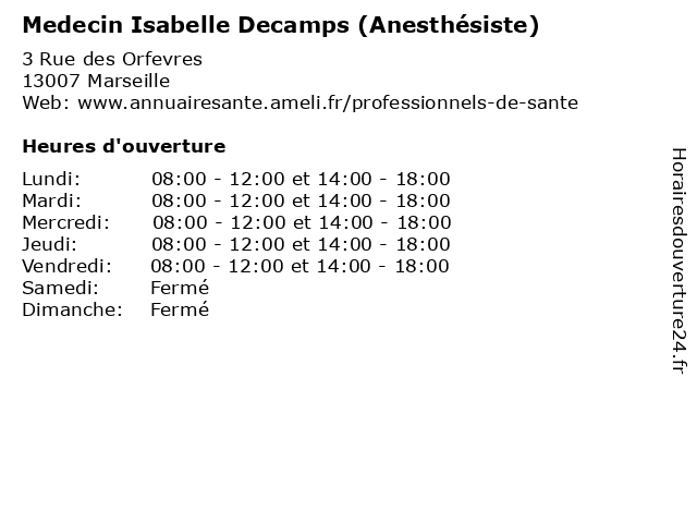 Medecin Isabelle Decamps (Anesthésiste) à Marseille: adresse et heures d'ouverture