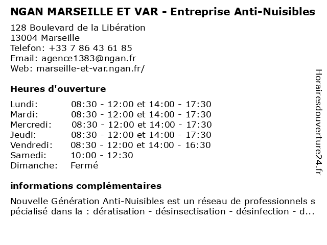 NGAN MARSEILLE ET VAR - Entreprise Anti-Nuisibles à Marseille: adresse et heures d'ouverture