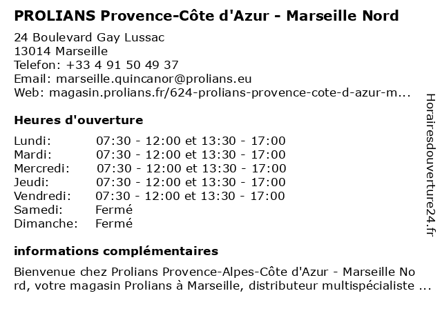 PROLIANS Provence-Côte d'Azur - Marseille Nord à Marseille: adresse et heures d'ouverture