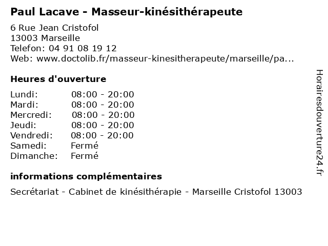 Paul Lacave - Masseur-kinésithérapeute à Marseille: adresse et heures d'ouverture