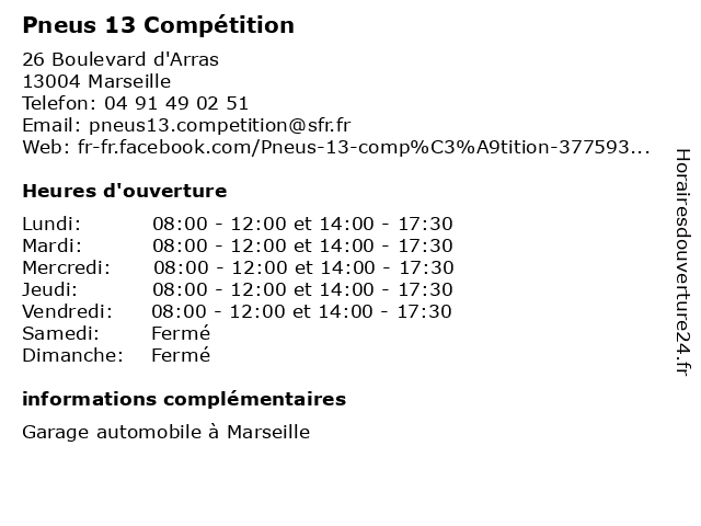 Pneus 13 Compétition à Marseille: adresse et heures d'ouverture