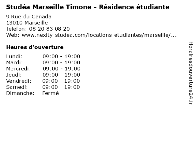 Studéa Marseille Timone - Résidence étudiante à Marseille: adresse et heures d'ouverture