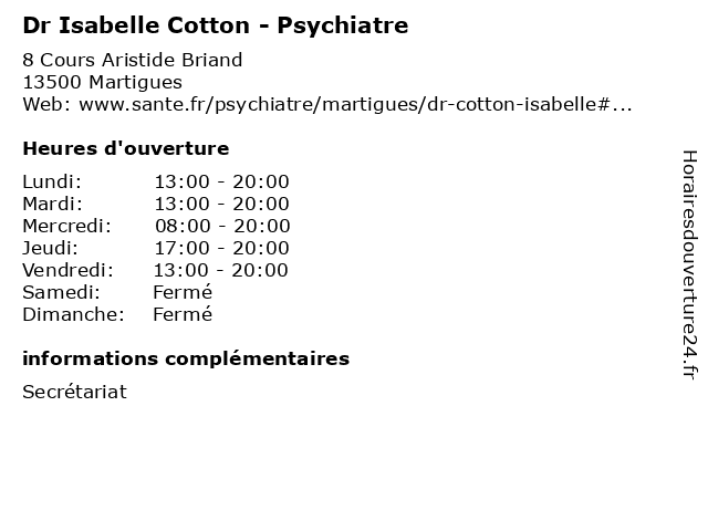 Dr Isabelle Cotton - Psychiatre à Martigues: adresse et heures d'ouverture
