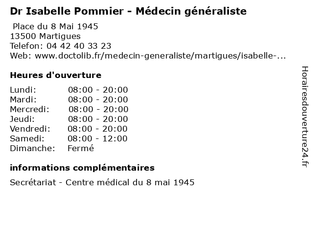 Dr Isabelle Pommier - Médecin généraliste à Martigues: adresse et heures d'ouverture