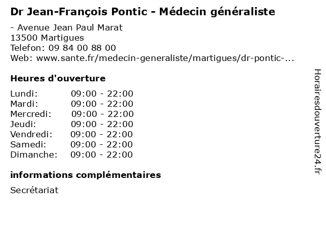 Dr Jean-François Pontic - Médecin généraliste à Martigues: adresse et heures d'ouverture