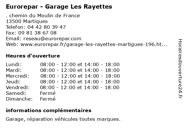 Eurorepar - Garage Les Rayettes à Martiques: adresse et heures d'ouverture