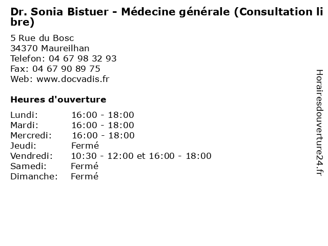 Dr. Sonia Bistuer - Médecine générale (Consultation libre) à Maureilhan: adresse et heures d'ouverture
