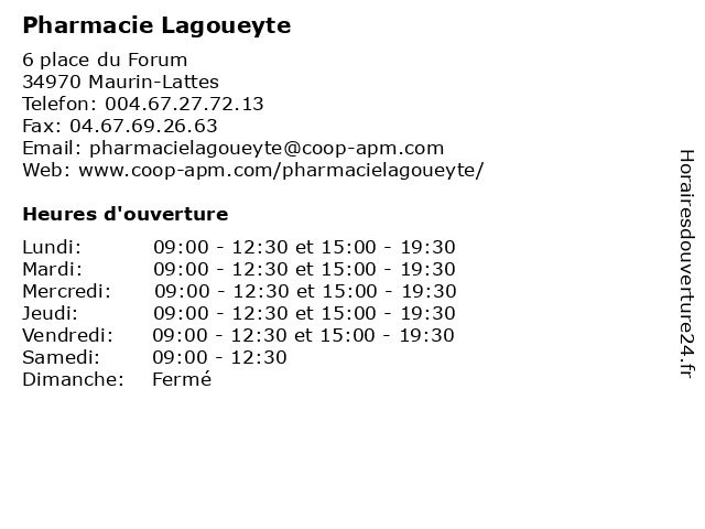 Pharmacie Lagoueyte à Maurin-Lattes: adresse et heures d'ouverture
