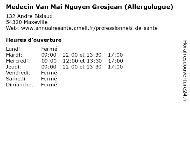 Medecin Van Mai Nguyen Grosjean (Allergologue) à Maxeville: adresse et heures d'ouverture