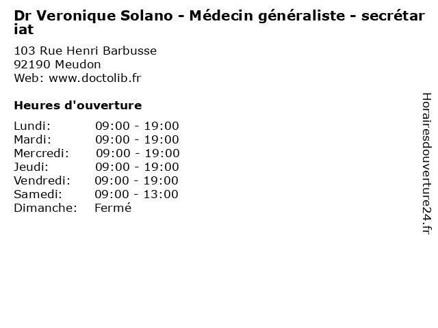 Dr Veronique Solano - Médecin généraliste - secrétariat à Meudon: adresse et heures d'ouverture
