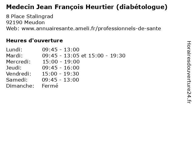 Medecin Jean François Heurtier (diabétologue) à Meudon: adresse et heures d'ouverture