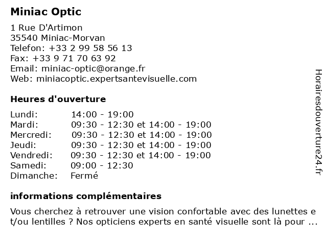 Miniac Optic à Miniac-Morvan: adresse et heures d'ouverture