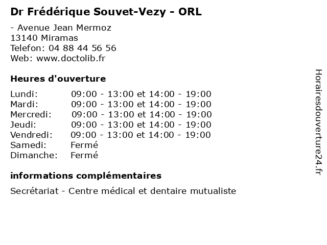 Dr Frédérique Souvet-Vezy - ORL à Miramas: adresse et heures d'ouverture
