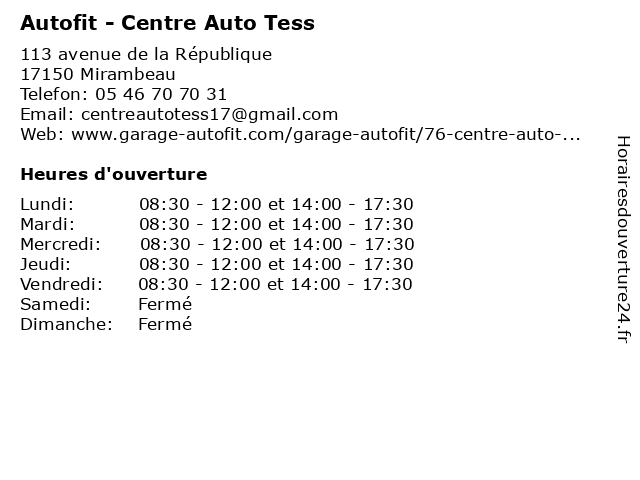 Autofit - Centre Auto Tess à Mirambeau: adresse et heures d'ouverture