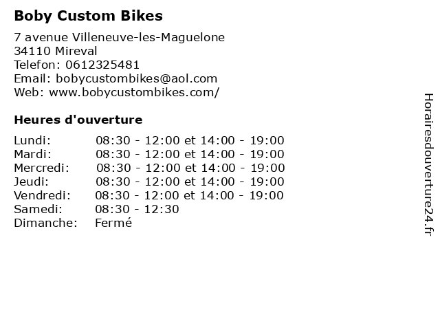 Boby Custom Bikes à Mireval: adresse et heures d'ouverture