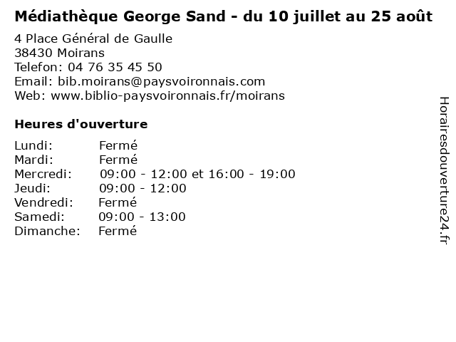 Médiathèque George Sand - du 10 juillet au 25 août à Moirans: adresse et heures d'ouverture
