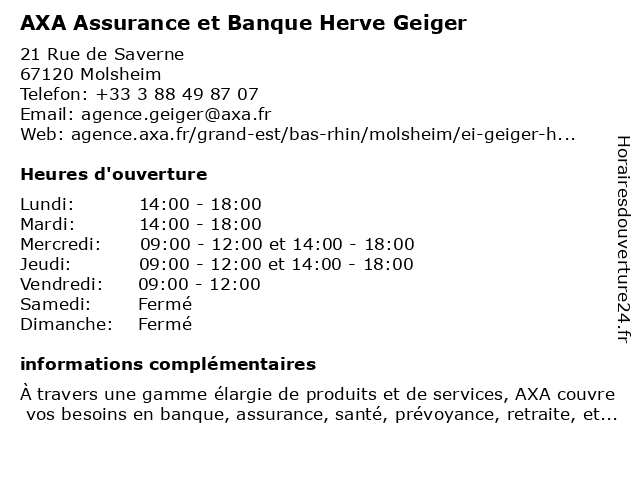 AXA Assurance et Banque Herve Geiger à Molsheim: adresse et heures d'ouverture