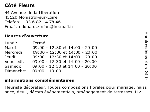 Côté Fleurs à Monistrol-sur-Loire: adresse et heures d'ouverture