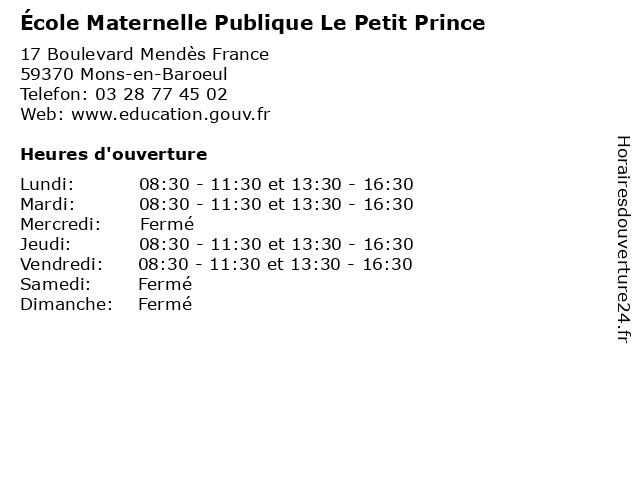 École Maternelle Publique Le Petit Prince à Mons-en-Baroeul: adresse et heures d'ouverture